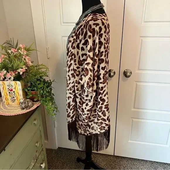 Soul Young Leopard & Floral Open Front Fringe Hem 2 Kimono Duster Blouses O/S - Picture 5 of 16